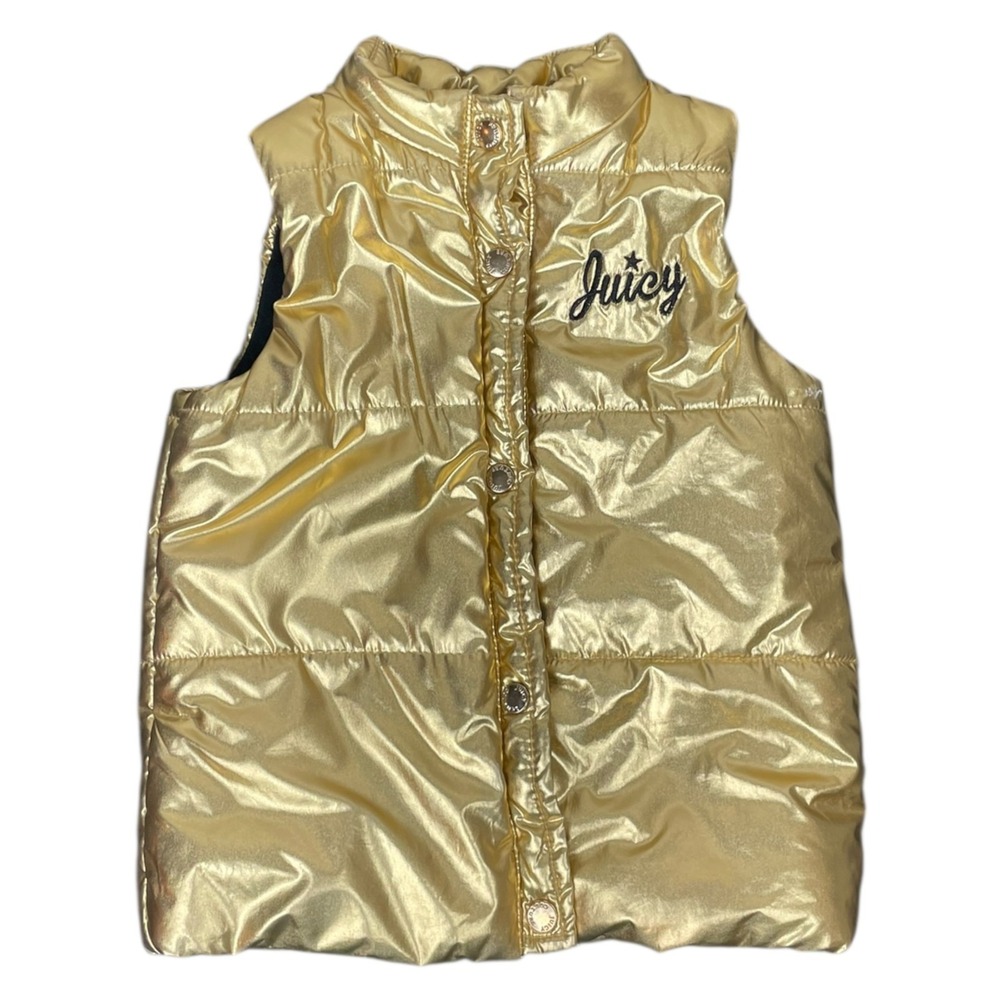 Juicy Couture Puffer Vest Baby Girls 18M Gold Shiny Metallic Quilted Y2K Logo